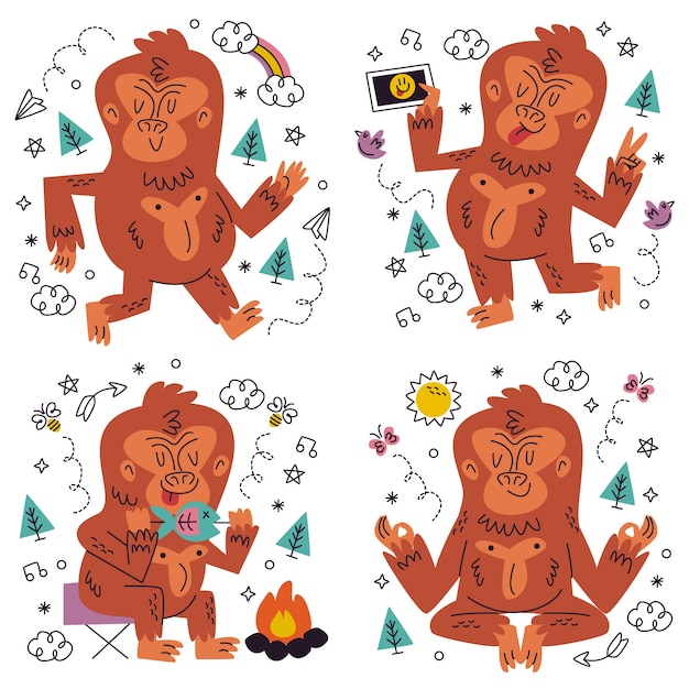 Doodle hand drawn bigfoot sticker set