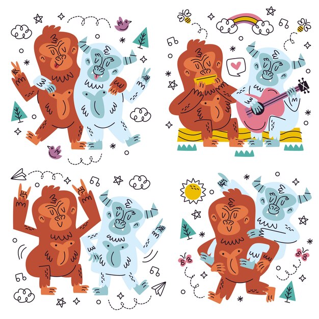 Doodle hand drawn bigfoot sticker set