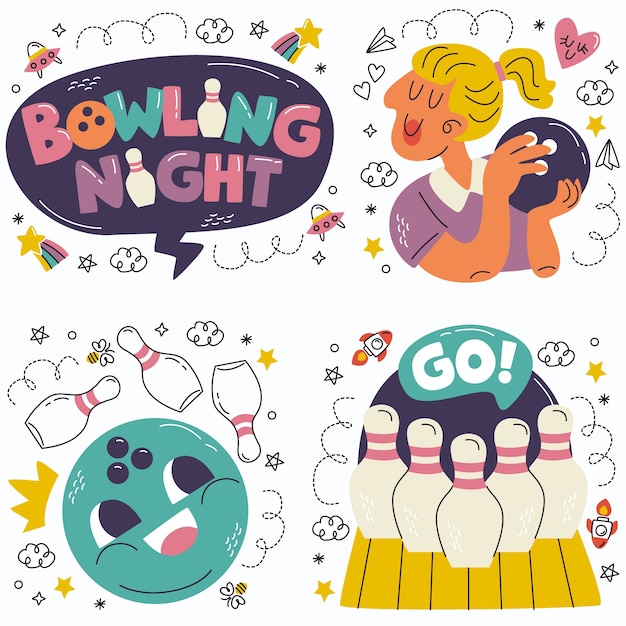 Free Vector doodle hand drawn bowling stickers collection