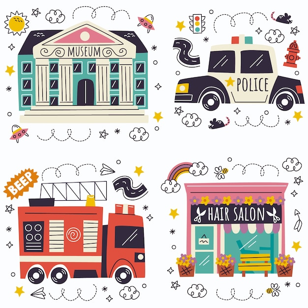 Free Vector doodle hand drawn city/buildings stickers collection