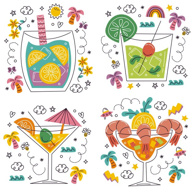 Doodle hand drawn cocktails stickers set