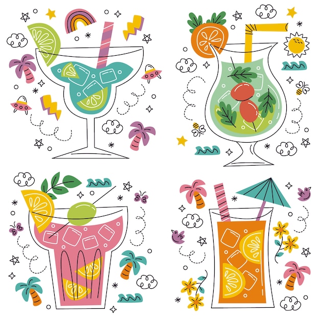 Doodle hand drawn cocktails stickers set