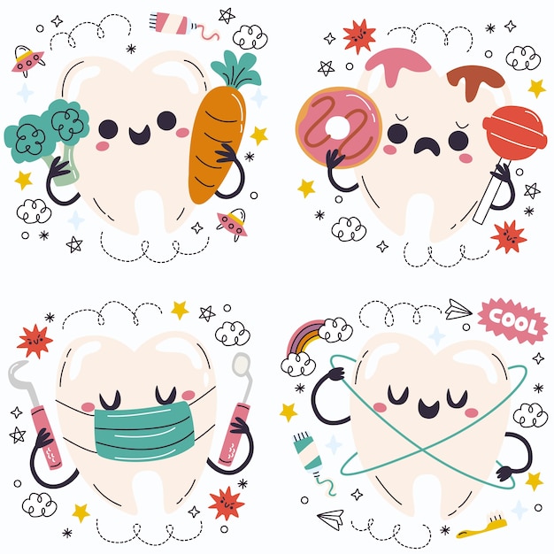 Doodle hand drawn dental care stickers set