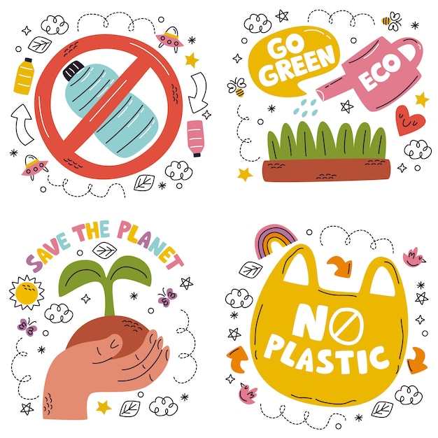 Free vector doodle hand drawn eco sticker set