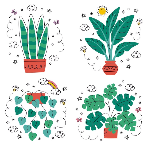 Free Vector doodle hand drawn flowers and plants stickers set