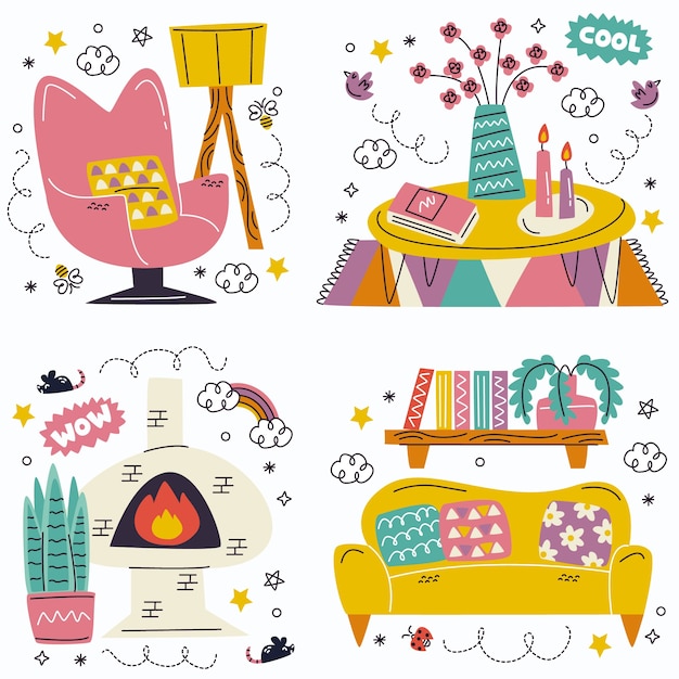 Free vector doodle hand drawn furniture and interior design stickers collection