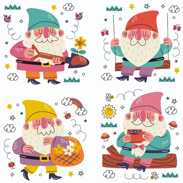 Free Vector doodle hand drawn gnomes stickers