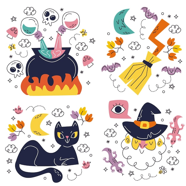 Doodle hand drawn halloween sticker set