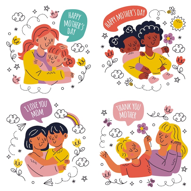 Doodle hand drawn happy mothers day stickers collection