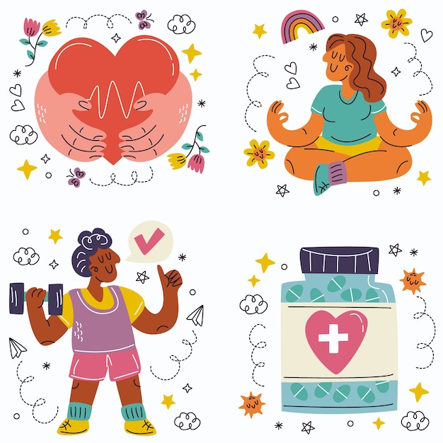 Free Vector doodle hand drawn health stickers collection