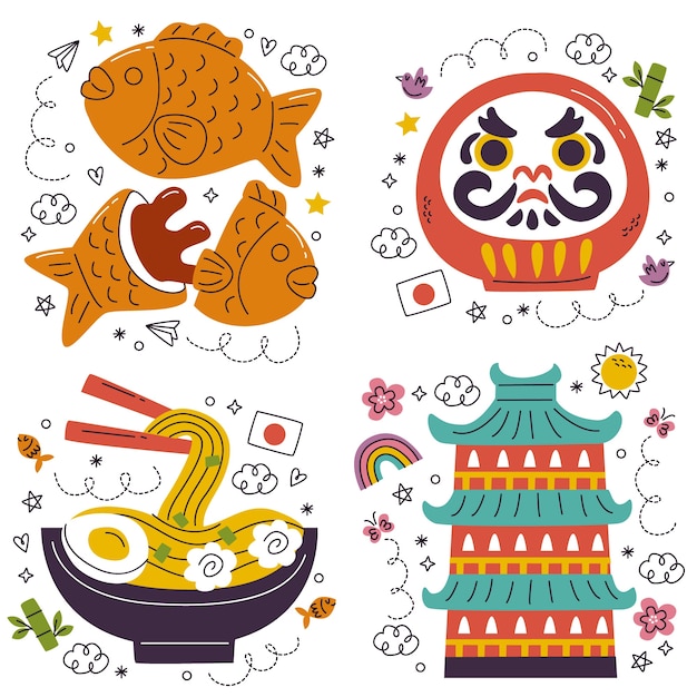 Doodle hand drawn japan stickers