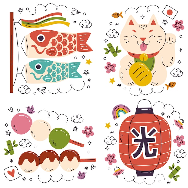 Doodle hand drawn japan stickers