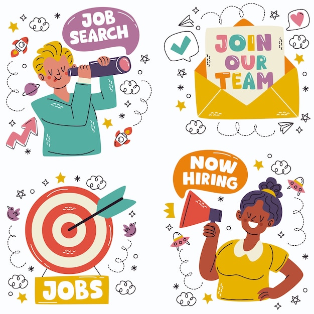 Free Vector doodle hand drawn job seeker stickers collection