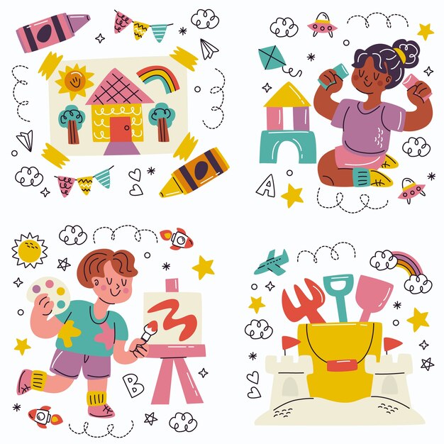 Free Vector doodle hand drawn kindergarten stickers collection