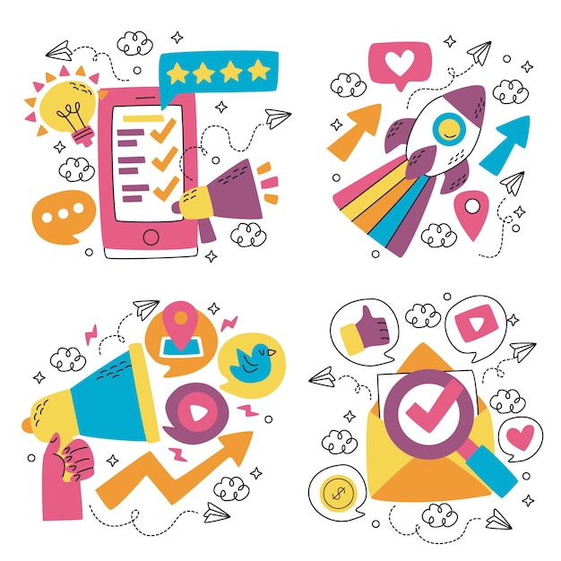 Doodle hand drawn marketing stickers collection