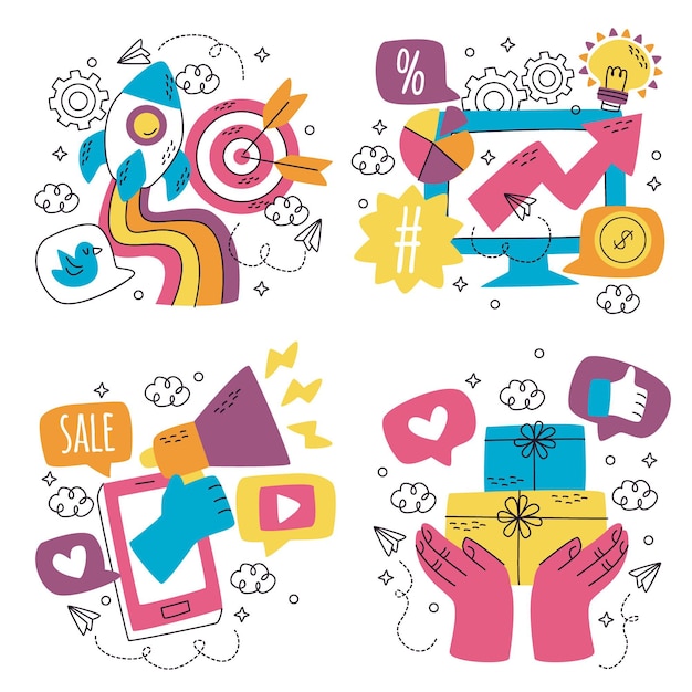 Doodle hand drawn marketing stickers pack