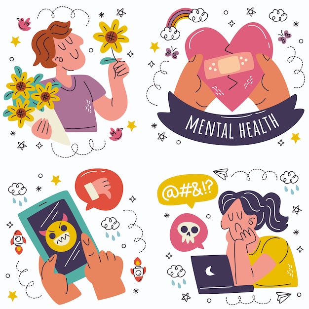 Free Vector doodle hand drawn mental health stickers collection