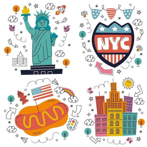 Doodle hand drawn new york stickers collection