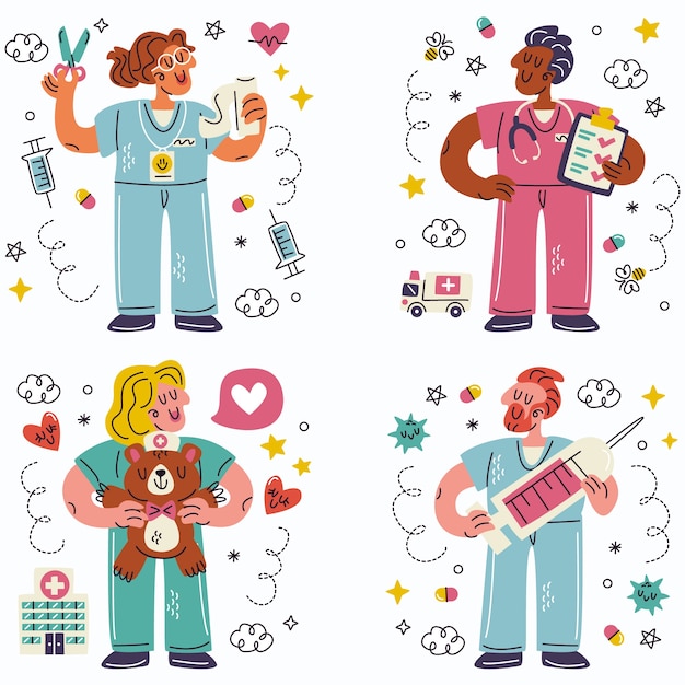 Free Vector doodle hand drawn nurses stickers collection