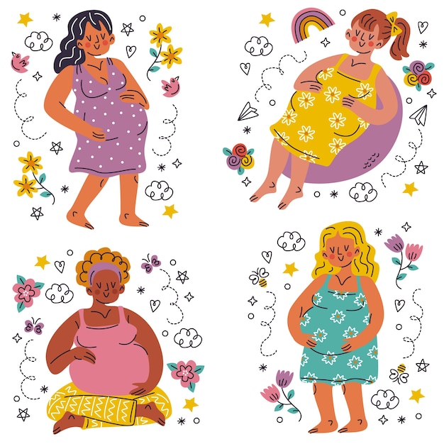 Free Vector doodle hand drawn pregnant woman sticker set