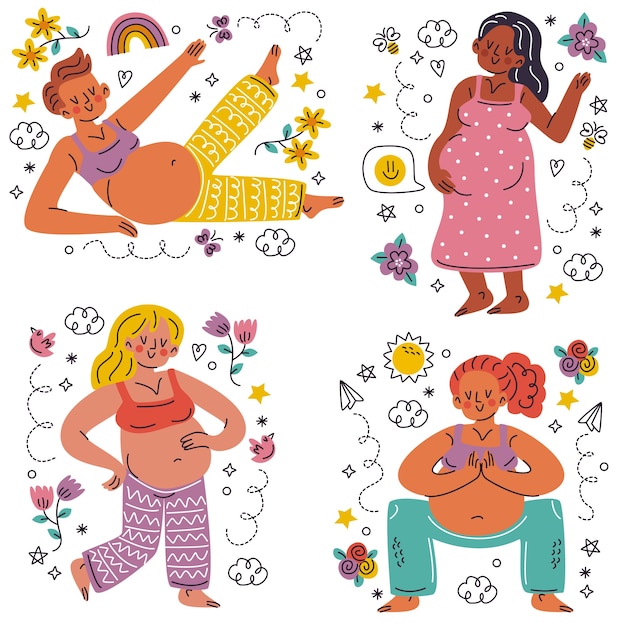 Free Vector doodle hand drawn pregnant woman sticker set