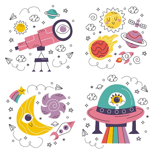 Free Vector doodle hand drawn science fiction stickers