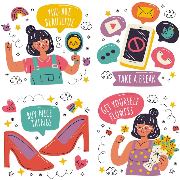 Free Vector doodle hand drawn self-care stickers collection