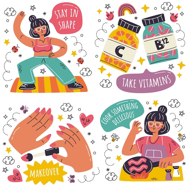 Free Vector doodle hand drawn self-care stickers collection