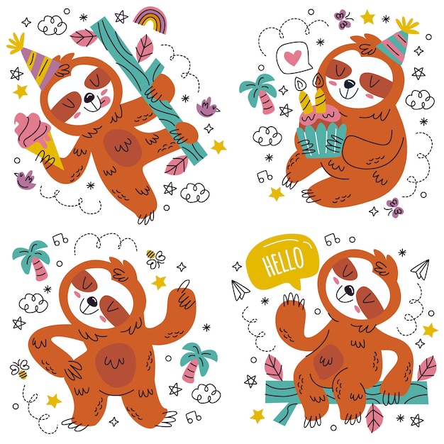 Doodle hand drawn sloth stickers set