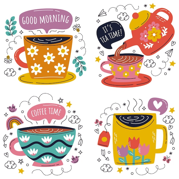 Doodle hand drawn tea coffee time stickers