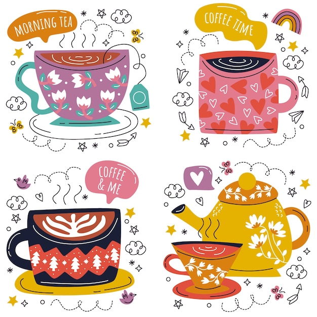 Free Vector doodle hand drawn tea coffee time stickers