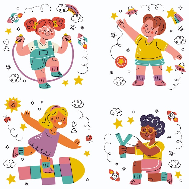 Free Vector doodle hand drawn traditional children's games stickers collection