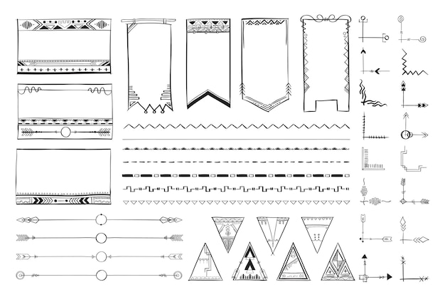 Doodle hand drawn vector ornamental bohemian style set