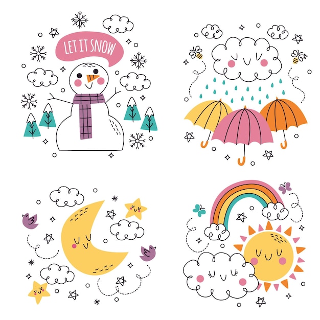 Doodle hand drawn weather stickers illustration set