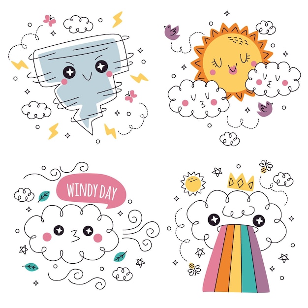 Doodle hand drawn weather stickers illustration set