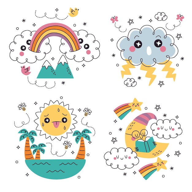 Free Vector doodle hand drawn weather stickers illustration set