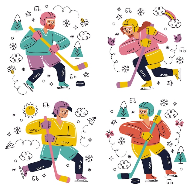 Doodle hand drawn winter sports stickers collection