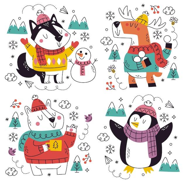 Doodle hand drawn winter stickers collection