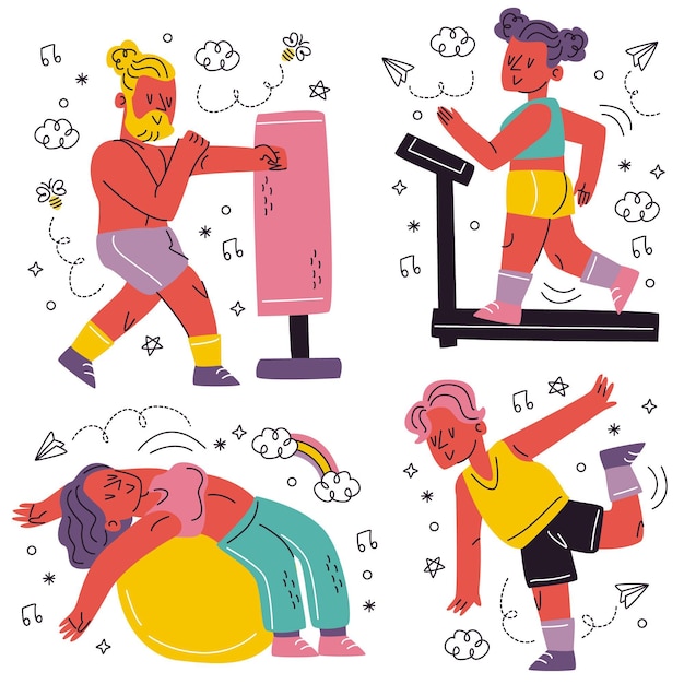 Free Vector doodle hand drawn workout stickers