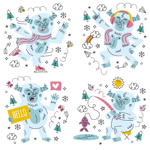 Doodle hand drawn yeti sticker set