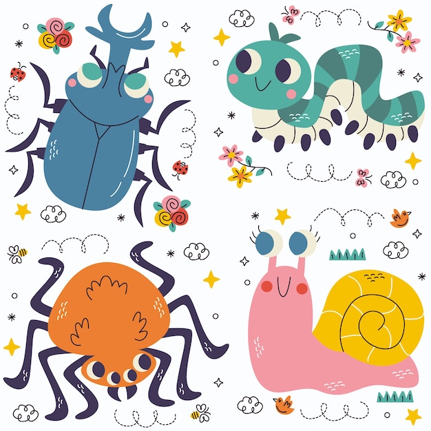 Free Vector doodle insects and bugs stickers collection