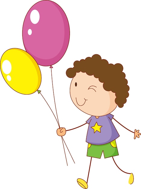 A doodle kid holding balloons cartoon character isolated