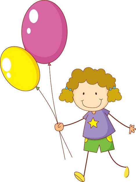 A doodle kid holding balloons cartoon character isolated