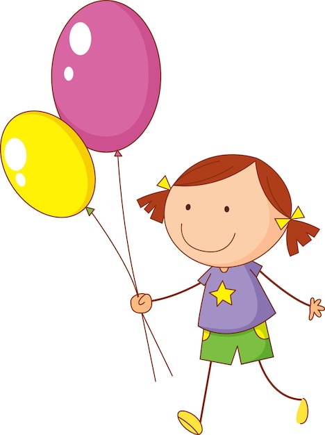 A doodle kid holding balloons cartoon character isolated