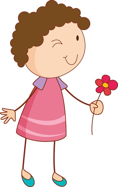 A doodle kid holding flower cartoon character isolated