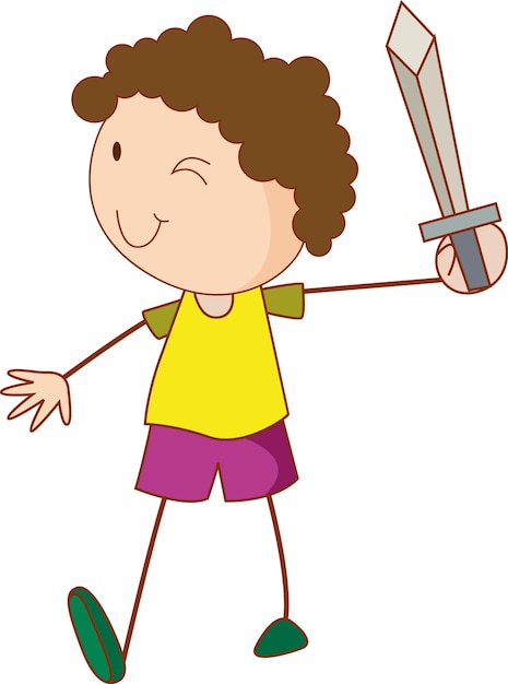 A doodle kid holding a sword cartoon character isolated