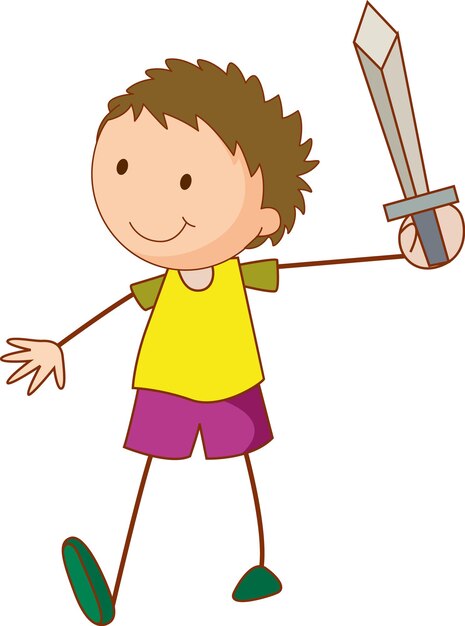 A doodle kid holding a sword cartoon character isolated