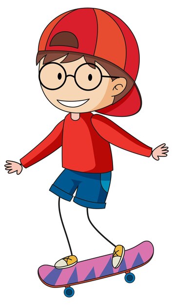 A doodle kid playing skateboard cartoon character isolated