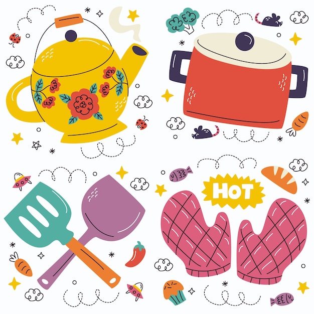 Free Vector doodle kitchen utensils stickers collection