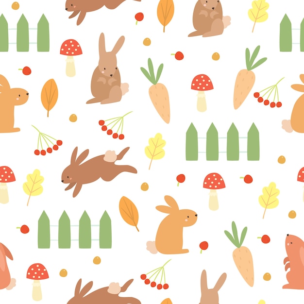 doodle pattern rabbits and vegetable garden